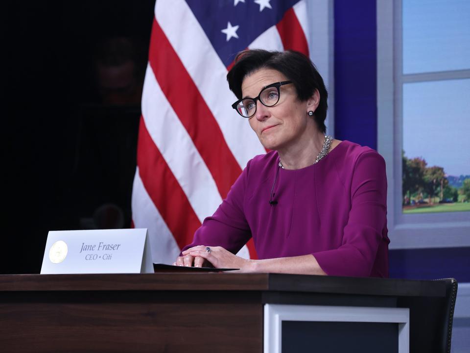 iti CEO Jane Fraser makes brief remarks during a meeting with U.S. President Joe Biden and fellow chief executives to discuss the looming federal debt limit in the South Court Auditorium in the Eisenhower Executive Office Building on October 06, 2021 in Washington, DC.