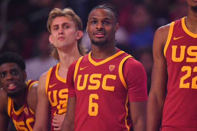 <p>Brian Rothmuller/Icon Sportswire via Getty</p> USC Trojans guard Bronny James (6) looks on during Trojan HoopLA, a college basketball kickoff event featuring the USC Trojans, on October 19, 2023