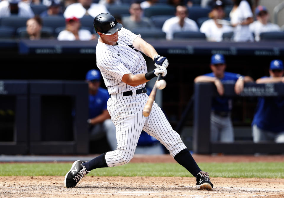 New York Yankees' DJ LeMahieu hits a home run against the Kansas City Royals during the fifth inning of a baseball game Sunday, July 31, 2022, in New York. (AP Photo/Noah K. Murray)