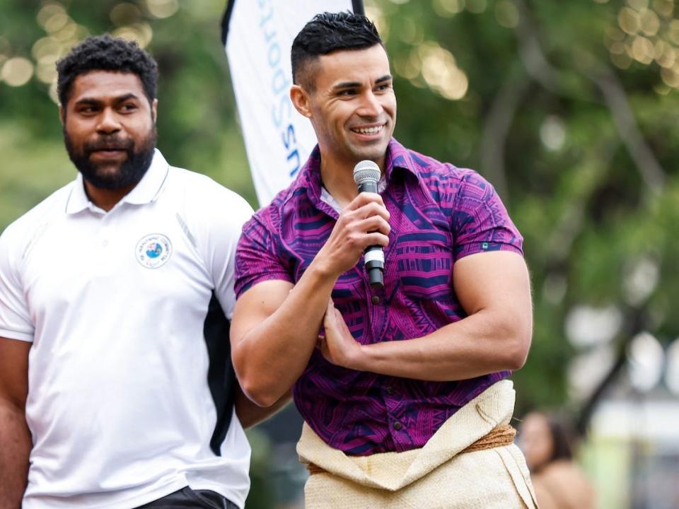 Pita Taufatofua speaks at an event in 2021.