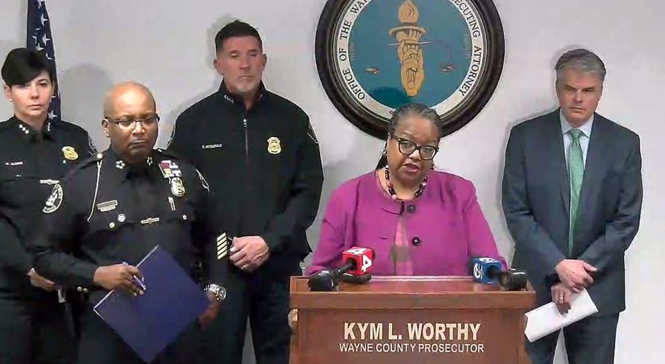 In this frame capture from a news conference, Wayne County Prosecutor Kym Worthy announces charges in the killing of Samantha Woll, Detroit synagogue leader.