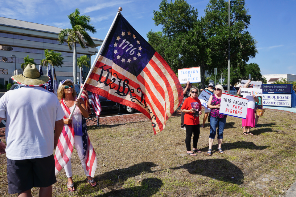 More than 60 people gathered at 215 Manatee Ave. W. in Bradenton to protest the school board’s mask mandate on Tuesday afternoon. A handful of other people denounced critical race theory and the 1619 Project, though neither were included in Manatee’s public school curriculum, Superintendent Cynthia Saunders has said.