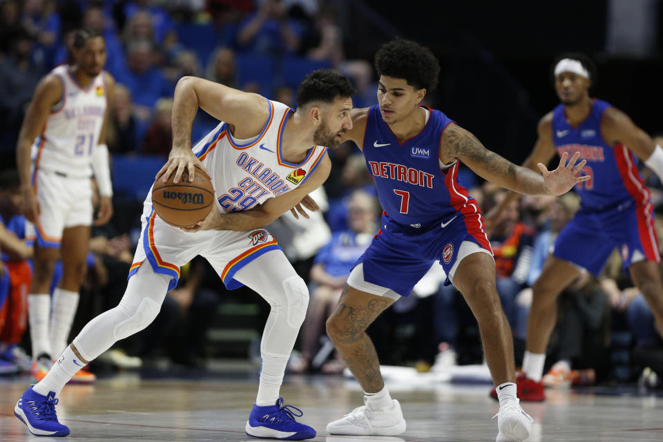 Oct 19, 2023; Tulsa, Oklahoma, USA; Oklahoma City Thunder guard Vasilije Micic (29) against Detroit Pistons guard Killian Hayes (7) in the first half at BOK Center. Mandatory Credit: Joey Johnson-USA TODAY Sports