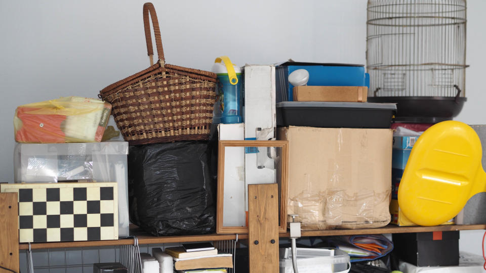 Boxes and items stacked in storage