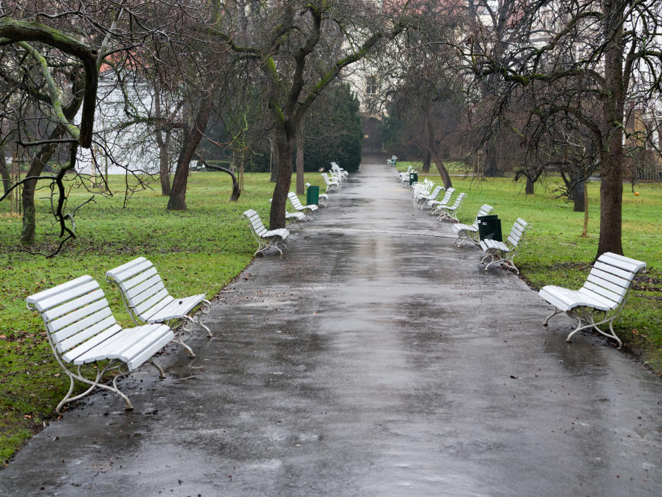 Park benches outside on a rainy day