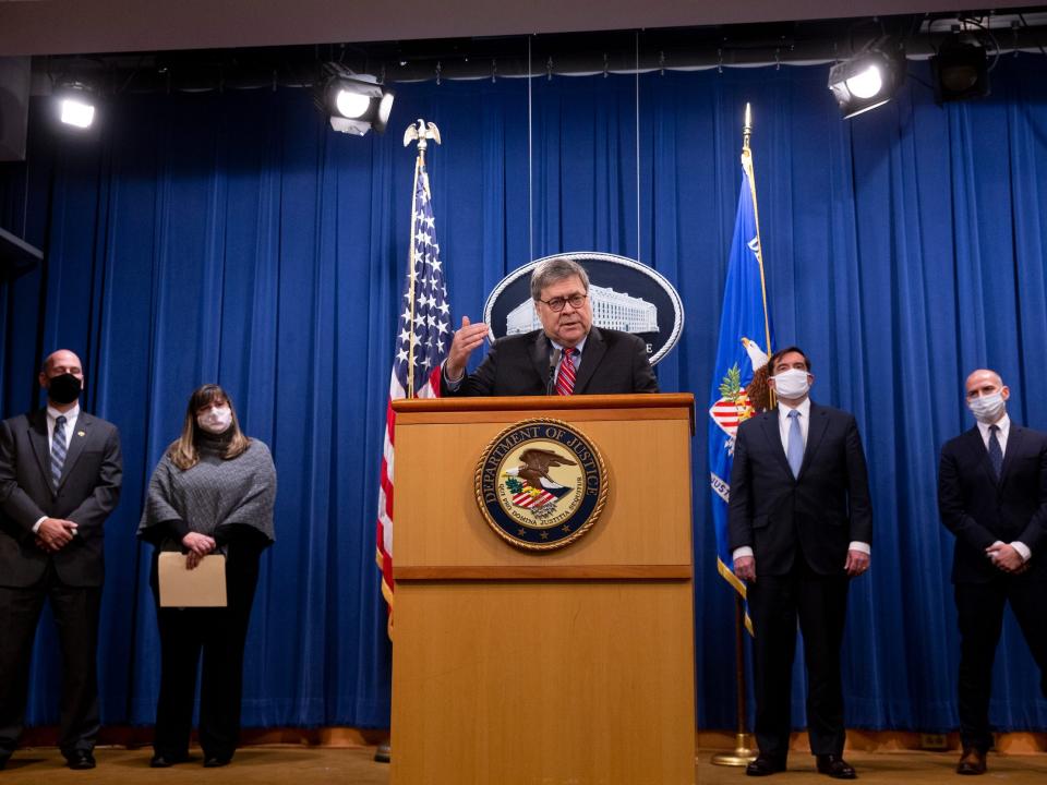 Attorney General Bill Barr holds a news conference to provide an update on the investigation of the terrorist bombing of Pan Am flight 103