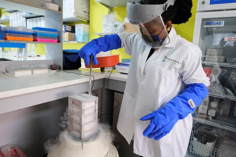 Vera Kotey, 22, a research associate, inspects a liquid nitrogen tank at Yemaachi Biotechnology, a cancer research laboratory in Accra