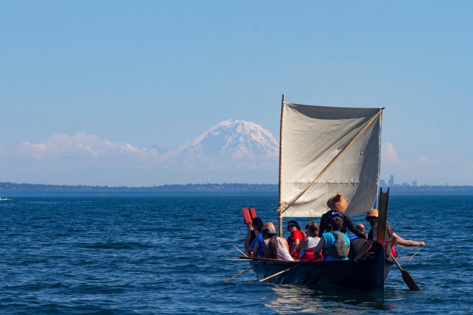 The annual Pacific North West Tribal Journey involves several weeks of traveling from host nation to host nation on a schedule and direction that changes yearly. Some days it's calm, some days rough, but it's always long on the Salish Sea.