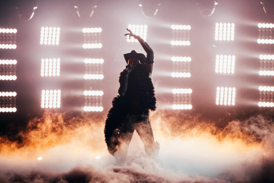 San Marino’s Achille Lauro performing in the second Eurovision semi-final (EBU/Sarah Louise Bennett/PA)