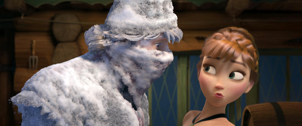 This image released by Disney shows Kristoff, voiced by Jonathan Groff, left, and Anna, voiced by Kristen Bell, in a scene from the animated feature film, "Frozen." (AP Photo/Disney)
