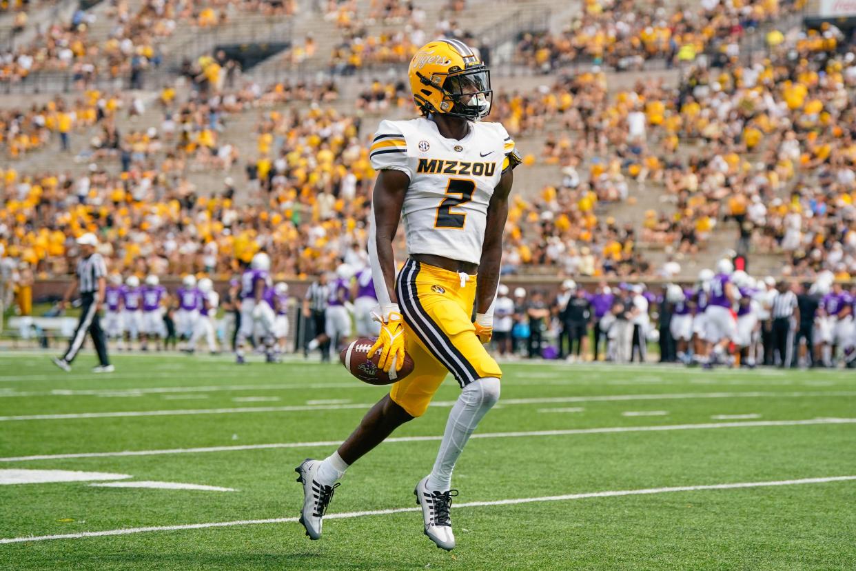 Sep 17, 2022; Columbia, Missouri, USA; Missouri Tigers defensive back Ennis Rakestraw Jr. (2) celebrates after intercepting a pass against the Abilene Christian Wildcats during the second half at Faurot Field at Memorial Stadium. Mandatory Credit: Jay Biggerstaff-USA TODAY Sports