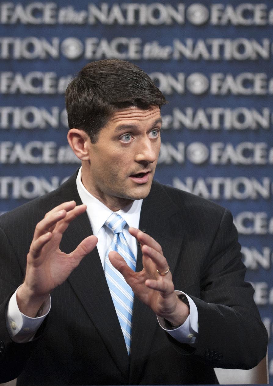 In this photo provided by CBS News, House Budget Chairman Paul Ryan, R-Wis., speaks during CBS's "Face the Nation" Sunday, March 25, 2012, in Washington. The debt-slashing GOP budget plan, authored by Ryan and endorsed by Republican presidential candidate Mitt Romney last week, is heating up as a presidential campaign issue. It would slice $5.3 billion from President Barack Obama's budget over the coming decade through tax reforms and sweeping program cuts. (AP Photo/CBS News, Chris Usher)