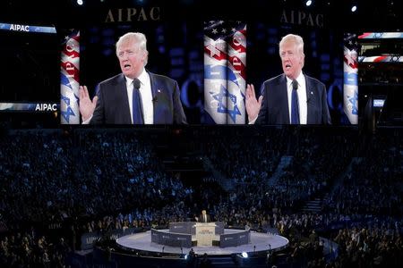 Republican U.S. presidential candidate Donald Trump addresses the American Israel Public Affairs Committee (AIPAC) afternoon general session in Washington March 21, 2016. REUTERS/Joshua Roberts