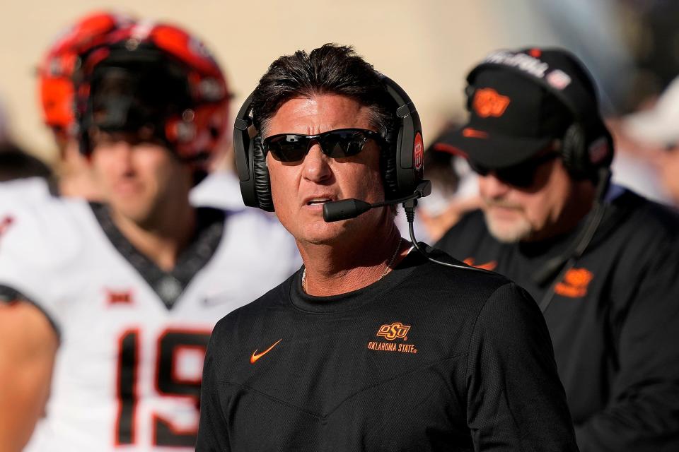 Oklahoma State head coach Mike Gundy watches during the first half of Saturday's shutout loss.