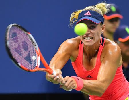 Sept 8, 2016; New York, NY, USA; Angelique Kerber of Germany plays against Caroline Wozniacki of Denmark on day eleven of the 2016 U.S. Open tennis tournament at USTA Billie Jean King National Tennis Center. Robert Deutsch-USA TODAY Sports