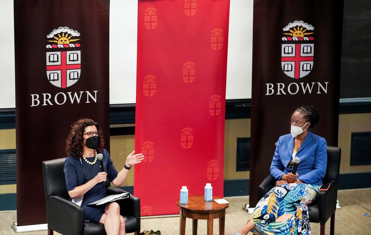 Dr. Megan Ranney, left, professor of emergency medicine and academic dean of the School of Public Health at Brown University, leads Saturday's forum. At right is former state Department of Health director Dr. Nicole Alexander-Scott.