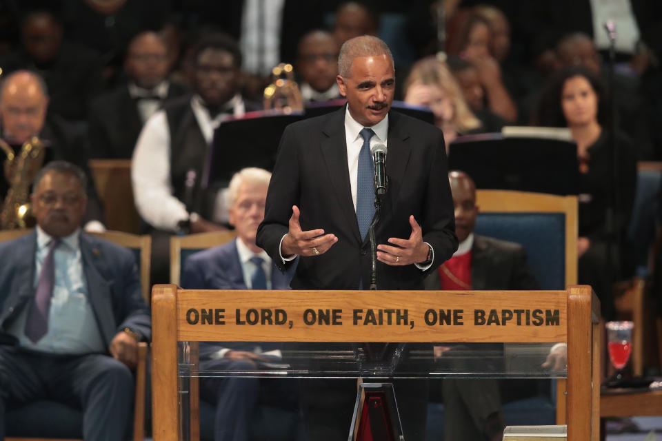 Former U.S. Attorney General Eric Holder speaks at Aretha Franklin’s funeral at the Greater Grace Temple on Friday in Detroit. (Photo by Scott Olson/Getty Images)