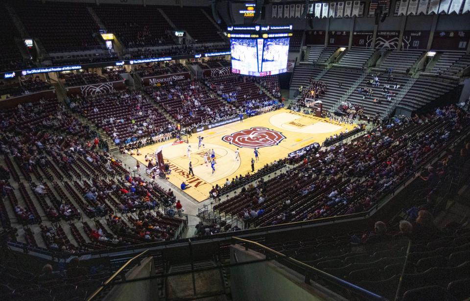 Scenes from a Missouri State men's basketball crowd when the Bears played Indiana State on Feb. 10, 2024. The announced attendance was 3,517 which ranked among the top crowds of the 2023-24 season.