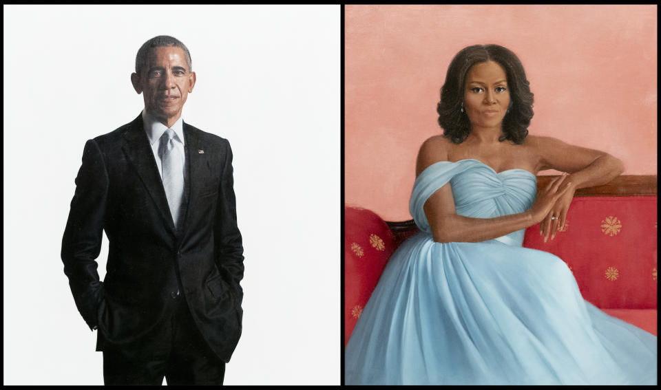 This combination of photos shows the official White House portraits of former President Barack Obama, by artist Robert McCurdy, and former first lady Michelle Obama, by artist Sharon Sprung, during a ceremony in the East Room of the White House, Wednesday, Sept. 7, 2022, in Washington. (AP Photo/Andrew Harnik)