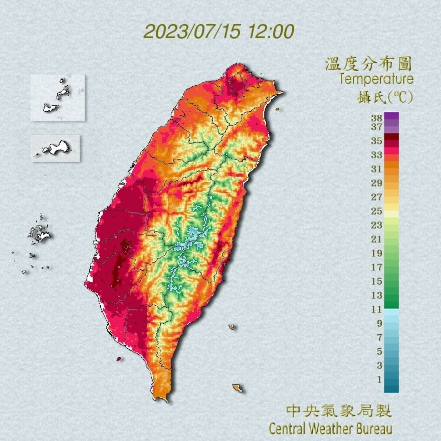 中央氣象局發布15日溫度分布圖。（圖／翻攝自中央氣象局）