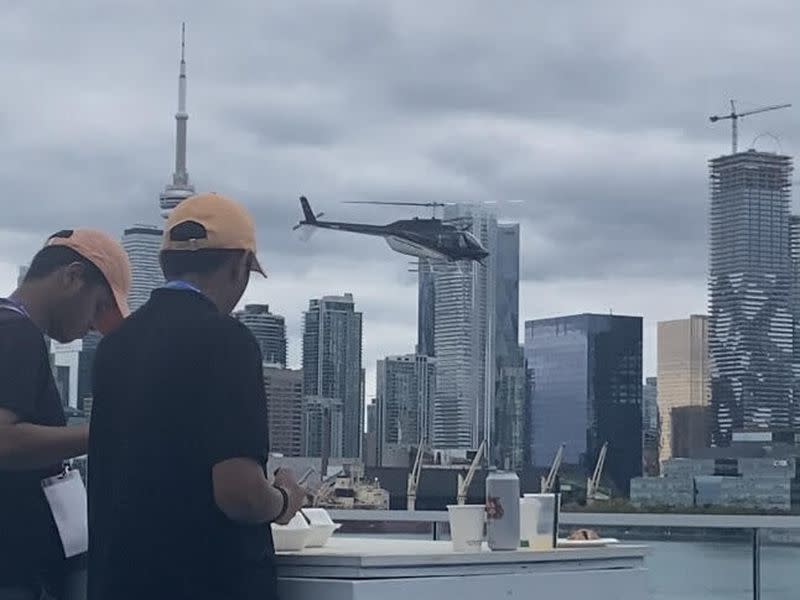 A participant arrives at ETHToronto by helicopter. (Margaux Nijkerk/CoinDesk)