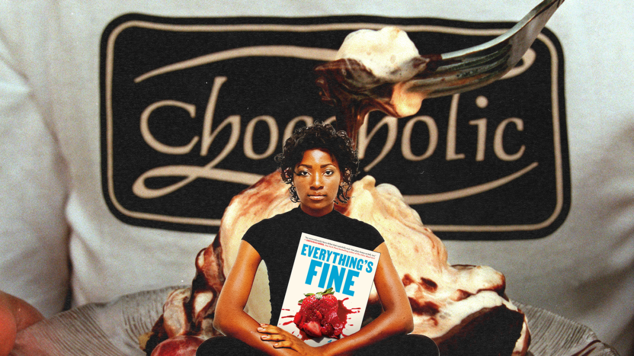 a woman holds the novel everything's fine in front of a bowl of ice cream