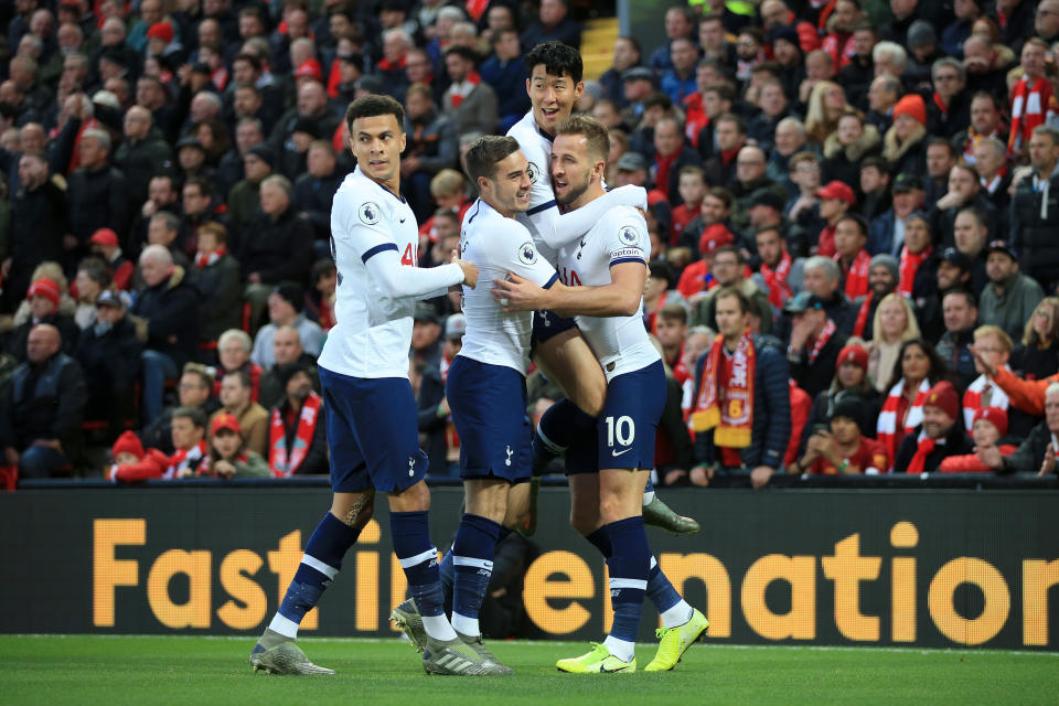 LIVERPOOL, ENGLAND - OCTOBER 27: Harry Kane of Spurs (R) celebrates with Dele Alli of Spurs (L), Harry Winks of Spurs (2L), and Son Heung-Min of Spurs (2R) after scoring their 1st goal during the Premier League match between Liverpool FC and Tottenham Hotspur at Anfield on October 27, 2019 in Liverpool, United Kingdom. (Photo by Simon Stacpoole/Offside/Getty Images)