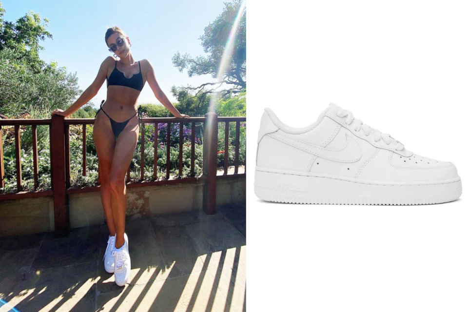 Hailey Bieber wears Nike Air Force 1 Sneakers. Images via Instagram/HaileyBieber, SSENSE.