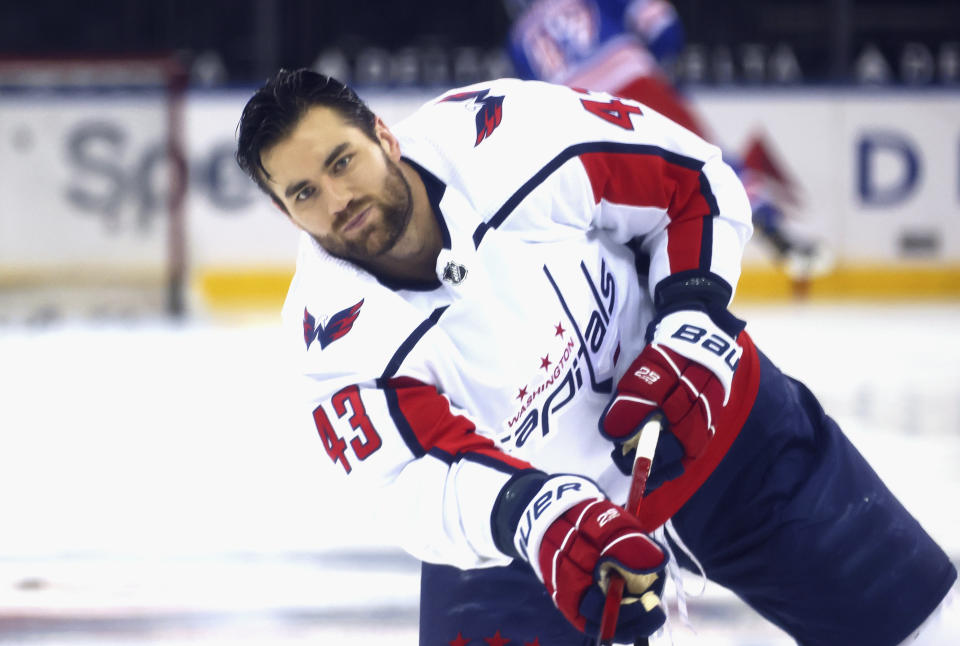 Washington Capitals' Tom Wilson skates as players warm up for an NHL hockey game between the Capitals and the New York Rangers on Wednesday, May 5, 2021, in New York. (Bruce Bennett/Pool Photo via AP)