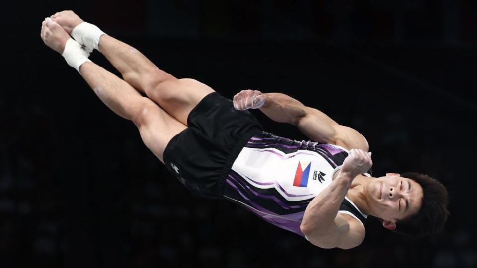 Carlos Yulo competing in the Olympics' men's vault final on 4 August 2024