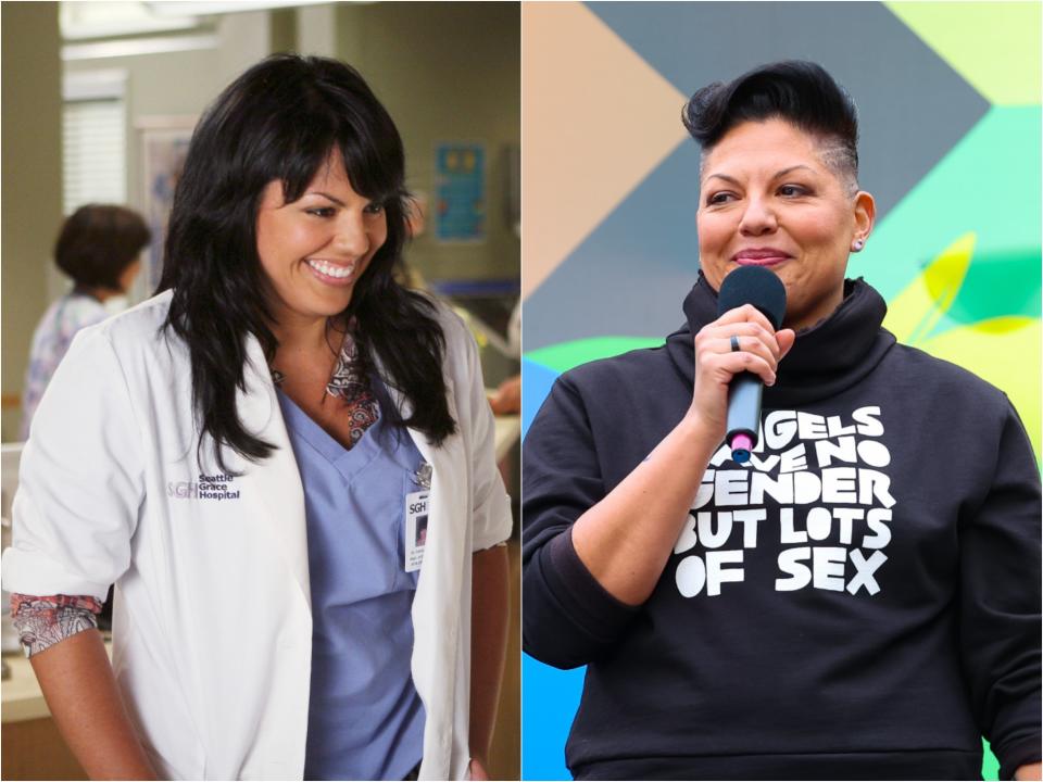 Side by side of Sara with long black hair in doctor scrubs next to her with a short crew cut hairstyle and sweatshirt with words about sexuality.