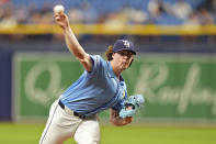 Tampa Bay Rays starting pitcher Ryan Pepiot delivers to the Los Angeles Angels during the first inning of a baseball game Thursday, April 18, 2024, in St. Petersburg, Fla. (AP Photo/Chris O'Meara)