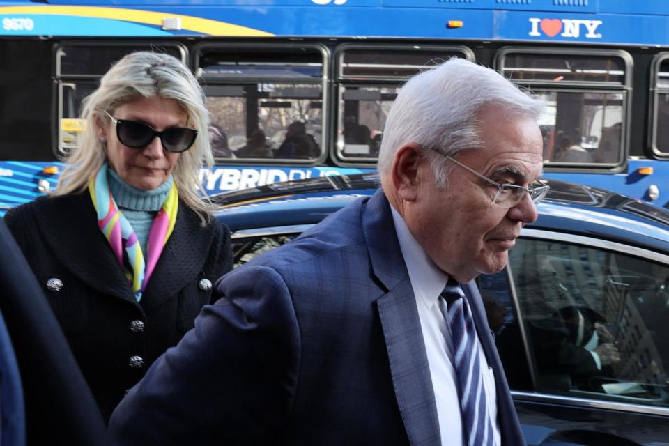 PHOTO: Senator Bob Menendez and his wife Nadine Menendez arrive at a Manhattan court for an arraignment on new charges in the federal bribery case against them, New York City, March 11, 2024. (Spencer Platt/Getty Images)