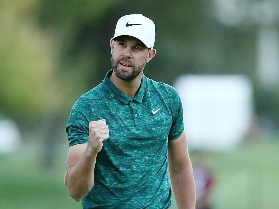 NAPA, CA - OCTOBER 07:  Kevin Tway putts in to win on a third hole sudden death playoff against Ryan Moore on the 10th green during the final round of the Safeway Open at the North Course of the Silverado Resort and Spa on October 7, 2018 in Napa, California.  (Photo by Marianna Massey/Getty Images)