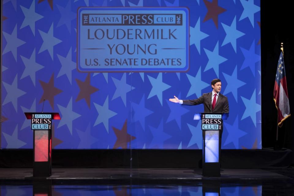 <div class="inline-image__caption"><p>Democratic challenger Jon Ossoff spoke during a debate for U.S. Senate on Sunday, Dec. 6, 2020, in Atlanta. His opponent, Sen. David Perdue, declined to attend the debate.</p></div> <div class="inline-image__credit">Ben Gray/AP</div>