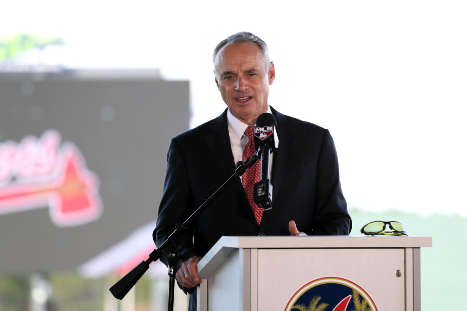 NORTH PORT, FL - FEBRUARY 16:  Major League Baseball Robert D. Manfred Jr. talks to the media during the Grape Fruit League Media Availability press conference at CoolToday Park on Monday, February 16, 2020 in North Port, Florida. (Photo by Mary DeCicco/MLB Photos via Getty Images)