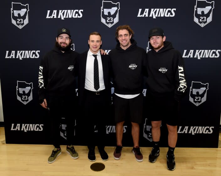 EL SEGUNDO, CA - APRIL 29: Drew Doughty, Dustin Brown, Anze Kopitar and Jonathan Quick pose.