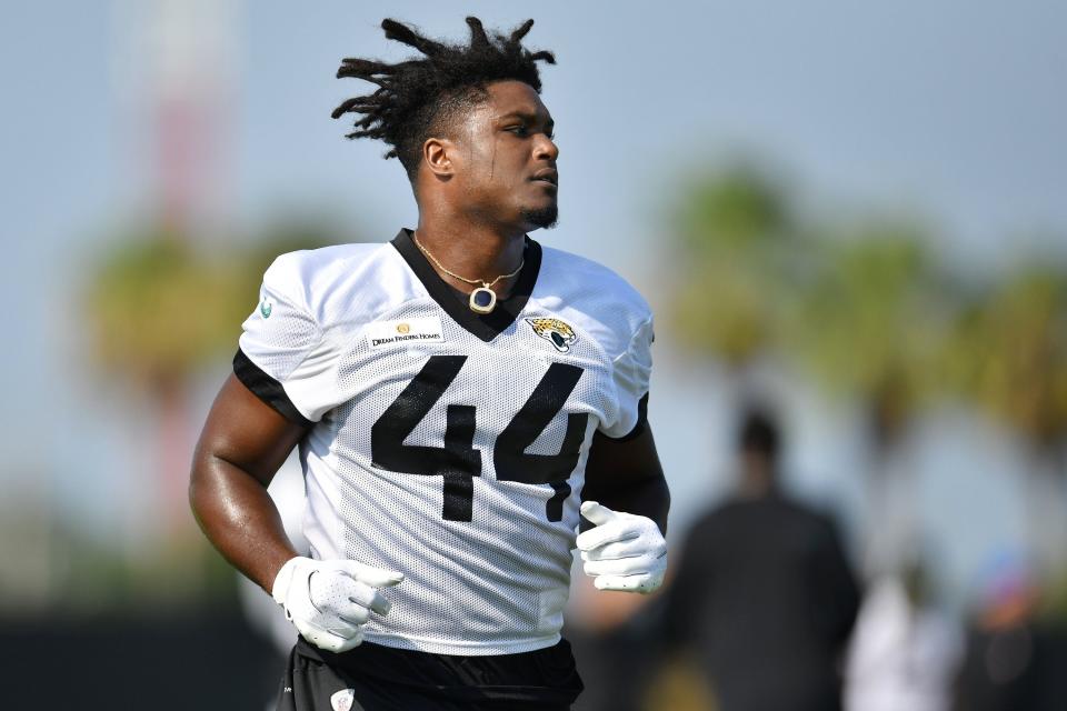 Jaguars LB (44) Myles Jack runs on the field during Wednesday's training camp session.  The Jacksonville Jaguars training camp session, Wednesday, July 28, 2021, at the team's practice fields outside TIAA Bank Field. [Bob Self/Florida Times-Union]