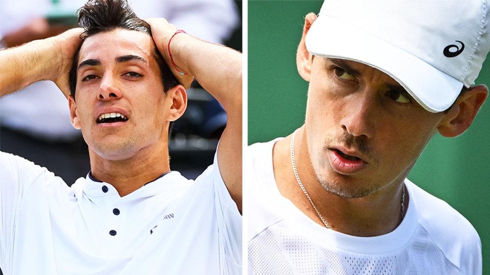 Alex de Minaur (pictured right) looking on during a match and (pictured left) Cristian Garin stunned after a Wimbledon comeback.