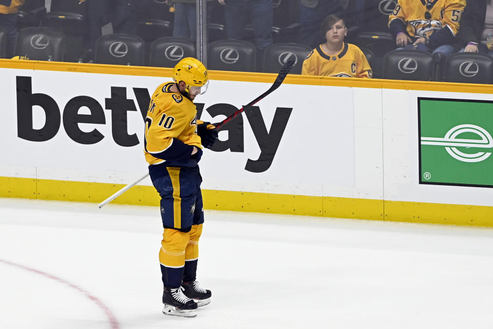 Nashville Predators center Colton Sissons (10) skates off the ice after the team's loss to the Colorado Avalanche in Game 3 of an NHL hockey Stanley Cup first-round playoff series Saturday, May 7, 2022, in Nashville, Tenn. (AP Photo/Mark Zaleski)