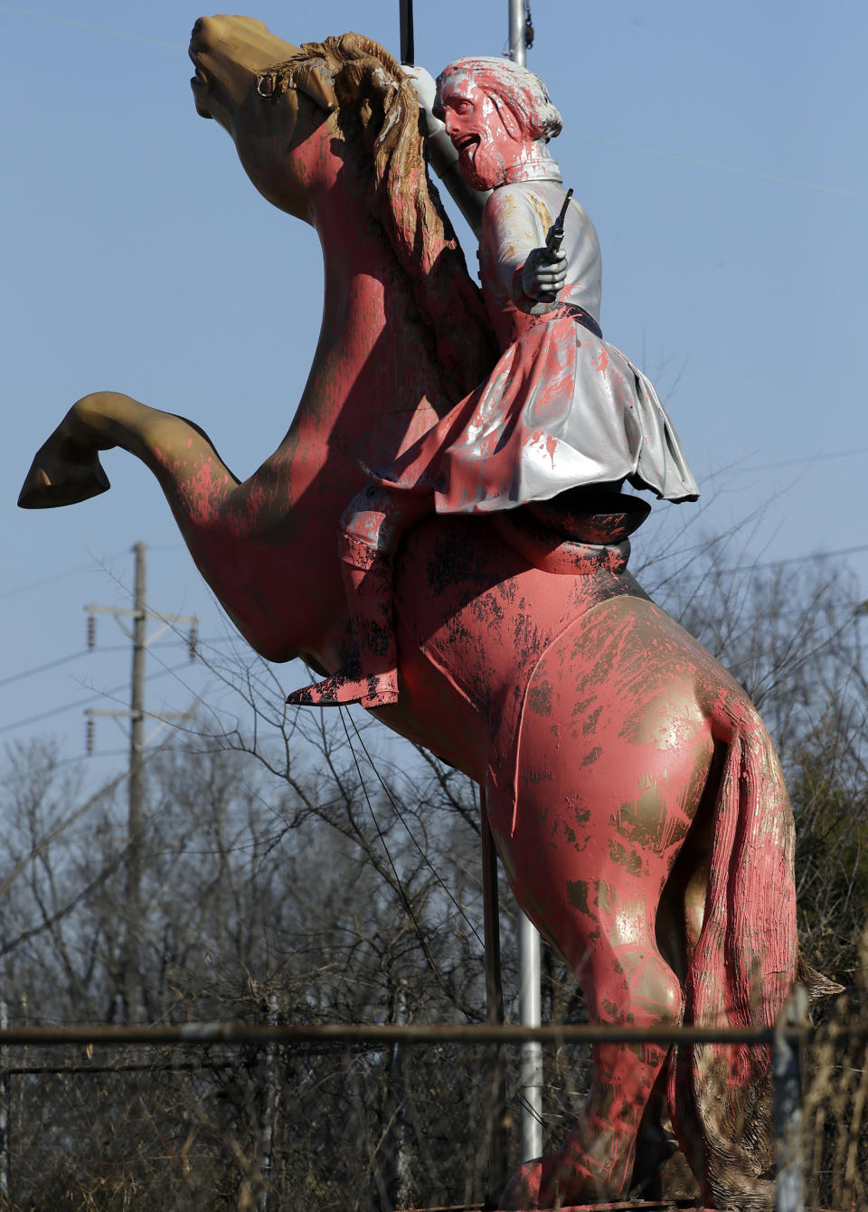 A statue of Nathan Bedford Forrest, a Confederate Army general and the first grand wizard of the Ku Klux Klan, is splattered with pink paint in Nashville, Tenn., on Dec. 28, 2017. (Mark Humphrey / AP file)