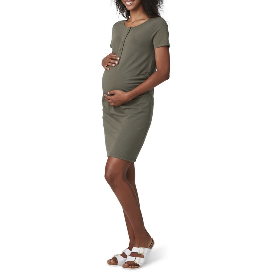 The torso of a dark-haired woman is shown wearing a khaki dress with button neck and short sleeves. Brilliant Basics Women's Maternity Henley Dress, $20, from Big W