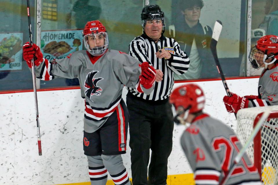 Devin DeAngelis, of Cranston/Scituate/Woonsocket, celebrates his goal against Narragansett/Chariho on Friday.