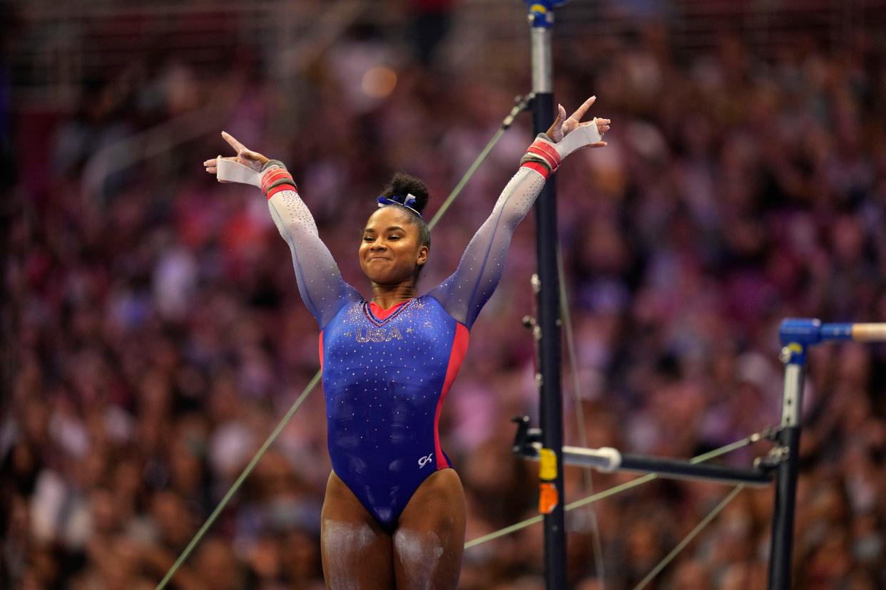 Jordan Chiles competes on the uneven bars during the women's U.S. Olympic Gymnastics Trials Friday, June 25, in St. Louis. 