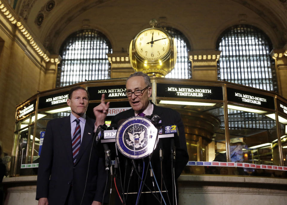 U.S. Sen. Richard Blumenthal, D-CT, left, and U.S. Sen. Charles Schumer, D-NY, comment during a news conference on a report by the Federal Railroad Administration about the Metro-North Railroad, at the information booth in New York's Grand Central Terminal, Friday, March 14, 2014. Metro-North commuter railroad has allowed an overemphasis on train times to "routinely" overshadow its safety operations, according to an FRA review that was released Friday. (AP Photo/Richard Drew)