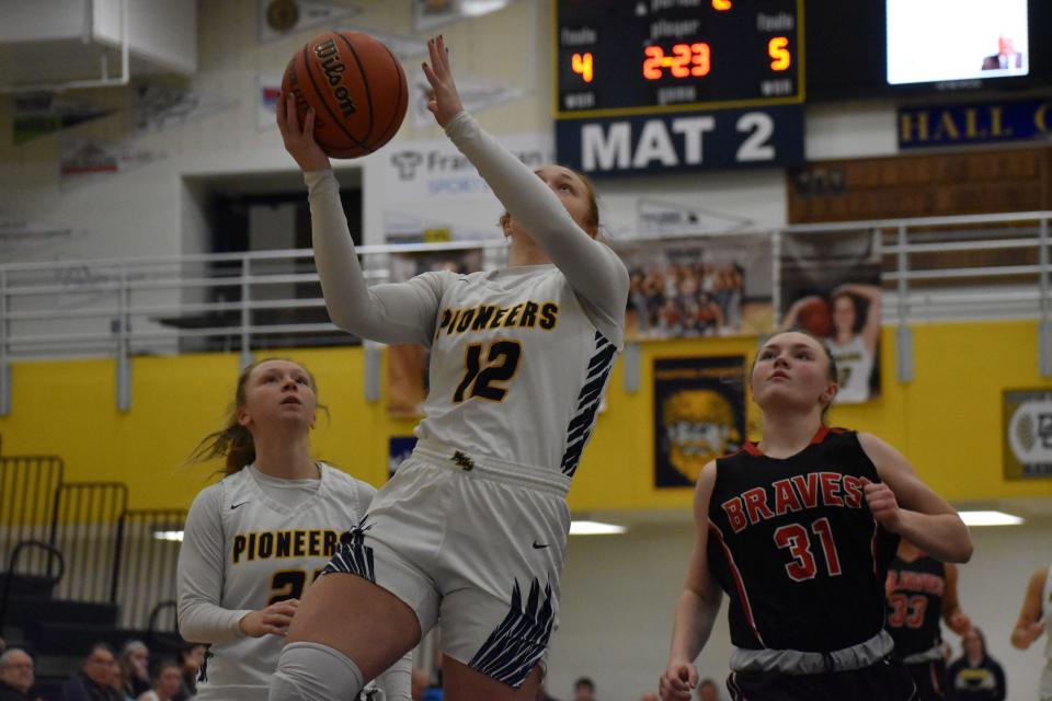 Mooresville senior Ally Graber finishes a fastbreak layup as Terre Haute South defenders trail during their game on Jan. 25, 2022.