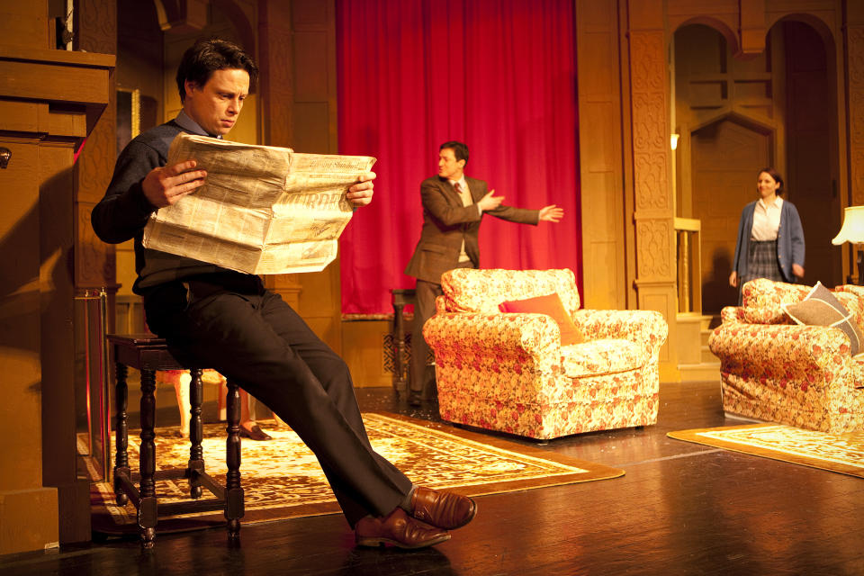 Actor Crispin Shingler (left), playing character Christopher Wren, performs during rehearsals for the Mousetraps first production outside the United Kingdom by the London production house. The venue for the first production was the Shanghai Lyceum Theatre. (Photo by Ryan Pyle/Corbis via Getty Images)