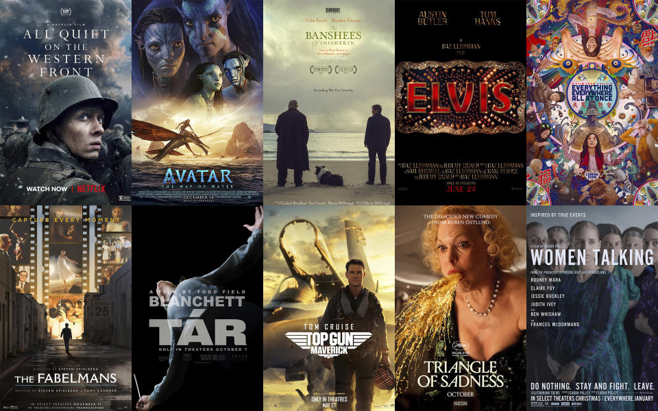 This combination of photos shows promotional art for Oscar nominees for best feature, top row from left, "All Quiet on the Western Front," "Avatar: The Way of Water," "The Banshees of Inisherin," "Elvis," "Everything Everywhere All at Once," bottom row from left, "The Fabelmans," "Tár," "Top Gun: Maverick," "Triangle of Sadness," and "Women Talking." (Netflix/Disney/Searchlight/Warner Bros./A24/Universal/Focus/Paramount/Neon/Orion-United Artists via AP)