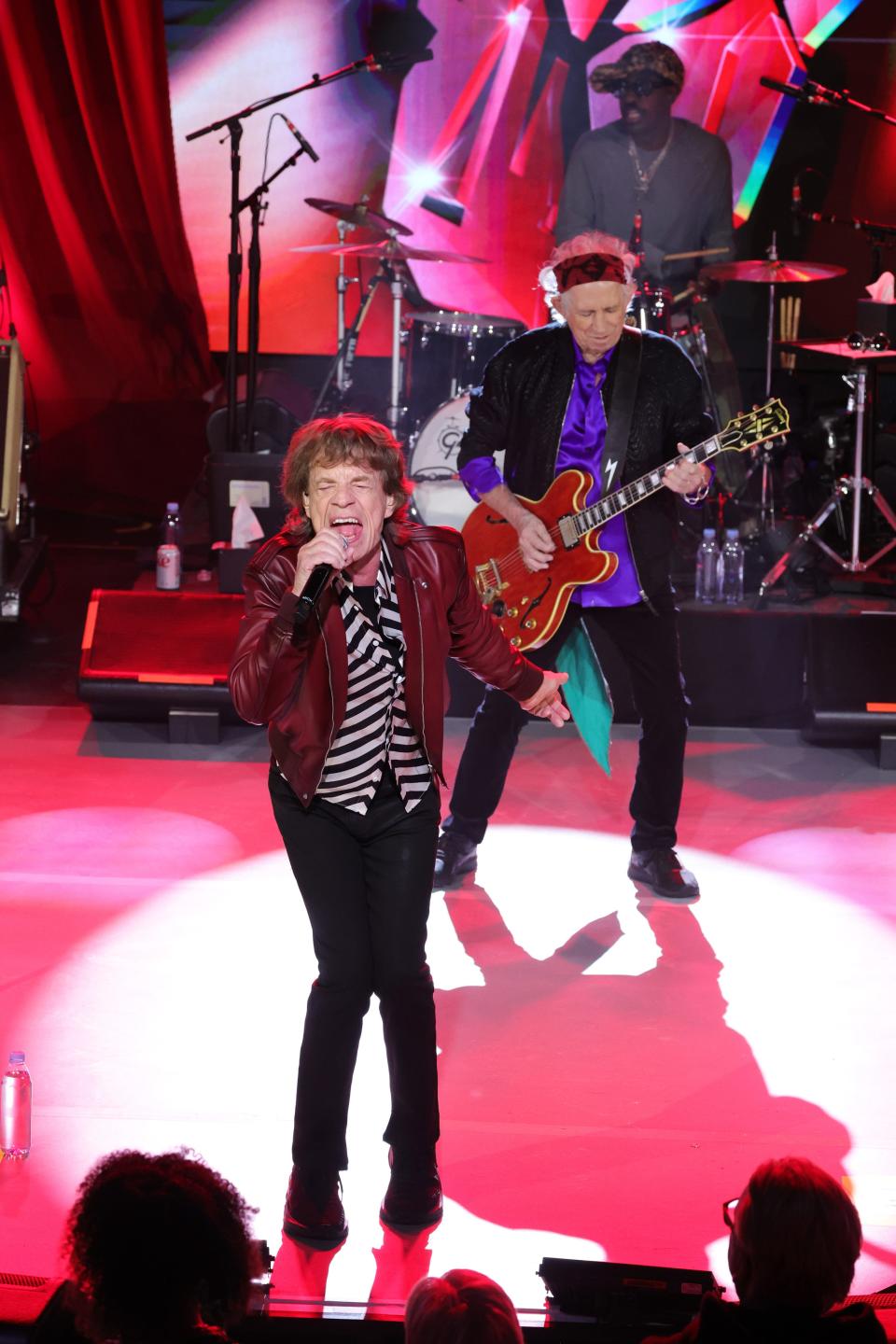 Mick Jagger and Keith Richards perform during The Rolling Stones surprise set in celebration of their new album “Hackney Diamonds” at Racket NYC on October 19, 2023 in New York City.