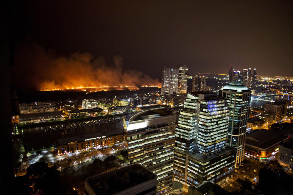 A fire burns at the ecological reserve near the Puerto Madero neighborhood in Buenos Aires, Argentina, Wednesday, July 31, 2013. Firefighters worked to put out the flames on the south side of the city, a few blocks from the political and financial center. (AP Photo/Natacha Pisarenko)
